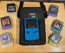 Game Boy Color -7 Games Console Blue Teal CGB-001 Tested With Carrying Case