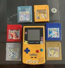 Nintendo GBC Game Boy Color Pikachu Edition console & 6 AUTHENTIC Pokemon games