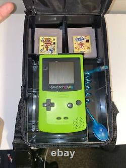 Nintendo Game Boy Color CGB-001 Green Kiwi Handheld System With Light, Bag & Games