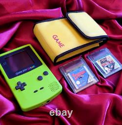 Console Nintendo Gameboy Color vert citron avec étui de jeu d'origine et lot de jeux