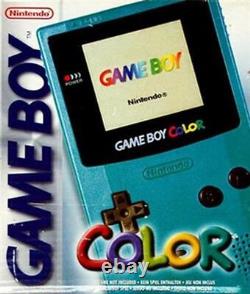 Console de jeu vidéo Game Boy Color de Nintendo en boîte, couleur turquoise, avec jeux inclus