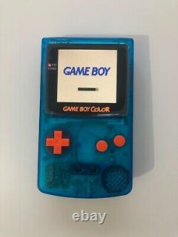 Gameboy Color avec mod écran IPS Q5 rétroéclairé, coque bleue transparente personnalisée et écran IPS orange