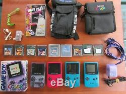 Lot Nintendo Énorme Game Boy Color Purple Atomique, Rouge, 2 Teal, 29 Jeux, Cas