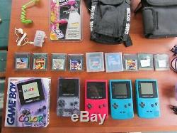 Lot Nintendo Énorme Game Boy Color Purple Atomique, Rouge, 2 Teal, 29 Jeux, Cas